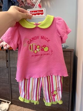 Vintage Fisher-Price Pink and Lime 'Candy Mice' Two-Piece Set